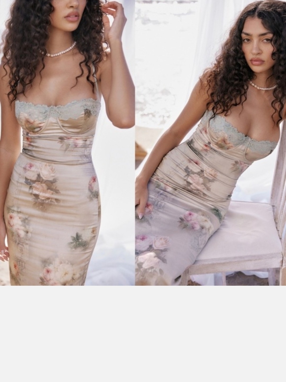 House of CB Venus Floral Satin Midi Dress in Champagne with Pale Blue Lace